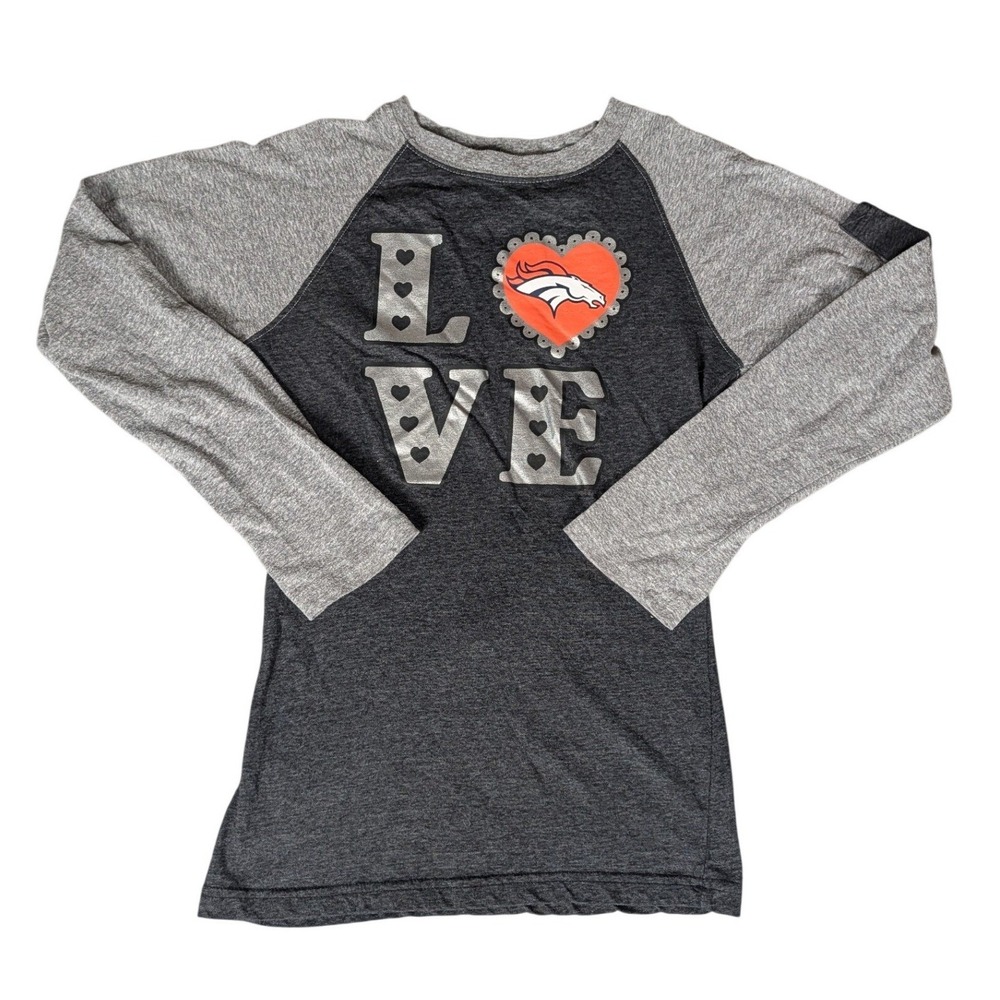 NFL Team Apparel Denver Broncos Girls Raglan Shirt Gray Love Heart Logo XL 16